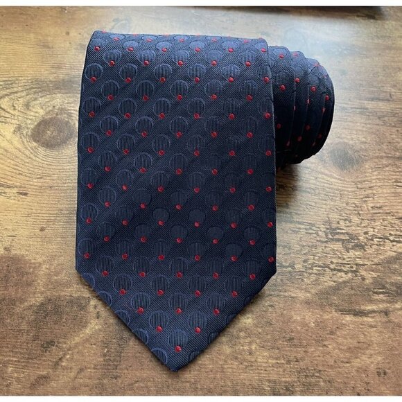 Take Six Mens Silk Tie Navy Blue Red Dot Jacquard Necktie Gold Chain Keeper Loop - Picture 2 of 10